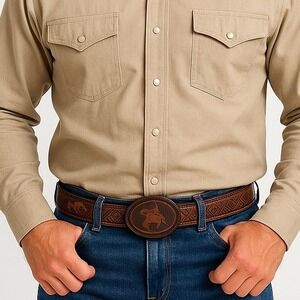 YAC Leather & Silk Belt Cowboy Western‎ Embroidered Horses Brown Size 44 Rodeo